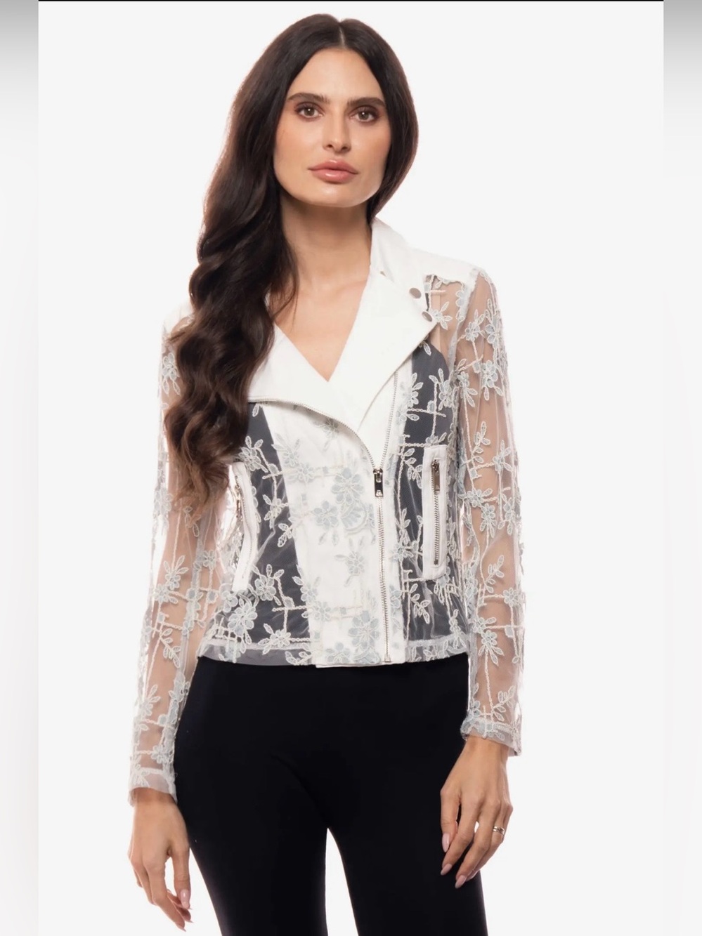 White Sheer Floral Lace Moto Jacket - Women's
